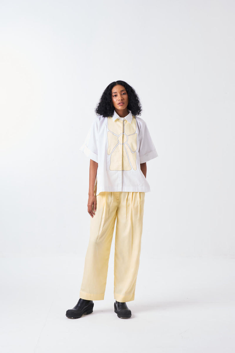 FLORAL APPLIQUE SHIRT-WHITE/BUTTER cotton by THREE for women Worldwide