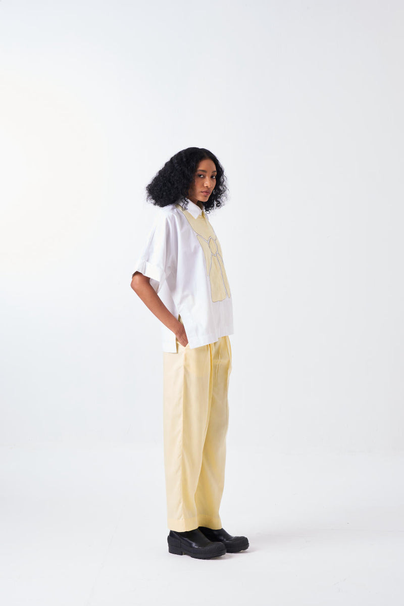 FLORAL APPLIQUE SHIRT-WHITE/BUTTER cotton by THREE for women Worldwide