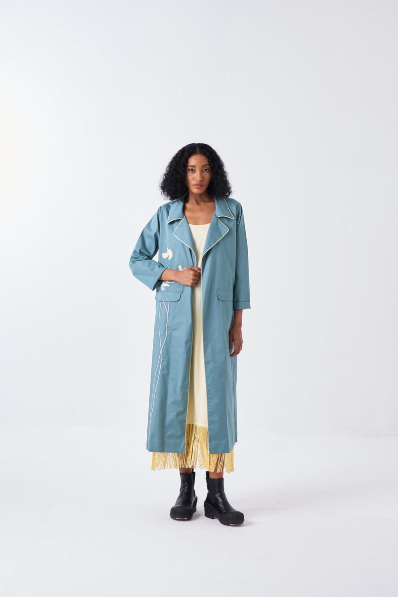 POPPY APPLIQUE JACKET CO-ORD-NIAGRA BLUE & BUTTER (SET OF 2) poplin by THREE for women Worldwide