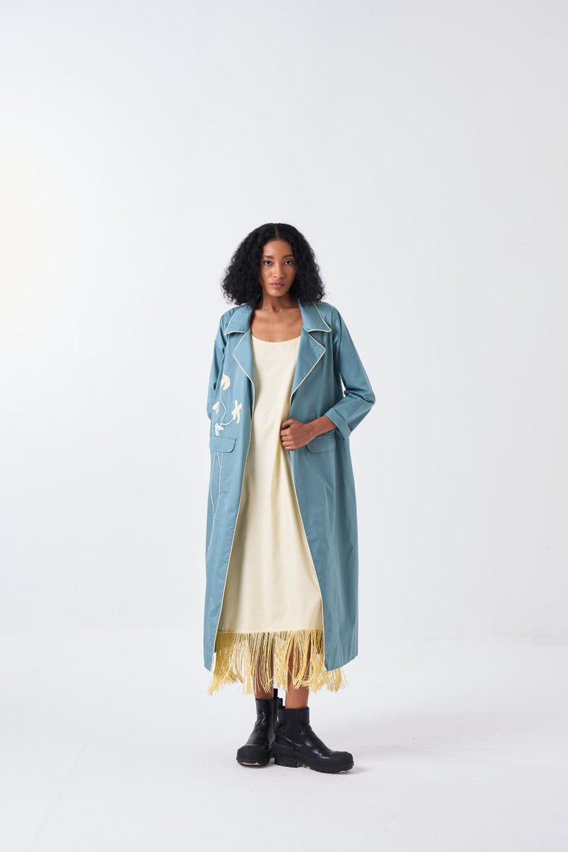 POPPY APPLIQUE JACKET CO-ORD-NIAGRA BLUE & BUTTER (SET OF 2) poplin by THREE for women Worldwide