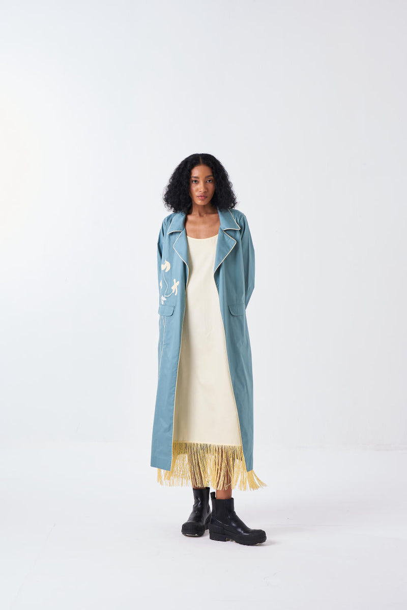 POPPY APPLIQUE JACKET CO-ORD-NIAGRA BLUE & BUTTER (SET OF 2) poplin by THREE for women Worldwide