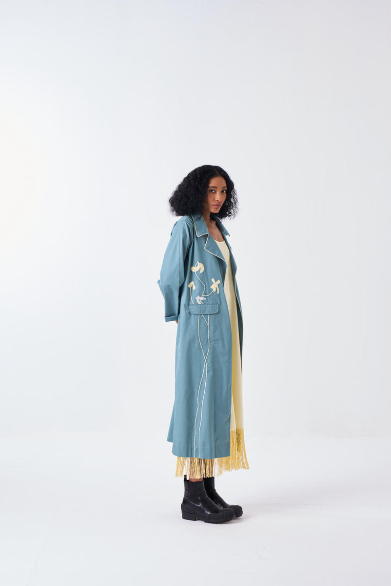 POPPY APPLIQUE JACKET CO-ORD-NIAGRA BLUE & BUTTER (SET OF 2) poplin by THREE for women Worldwide
