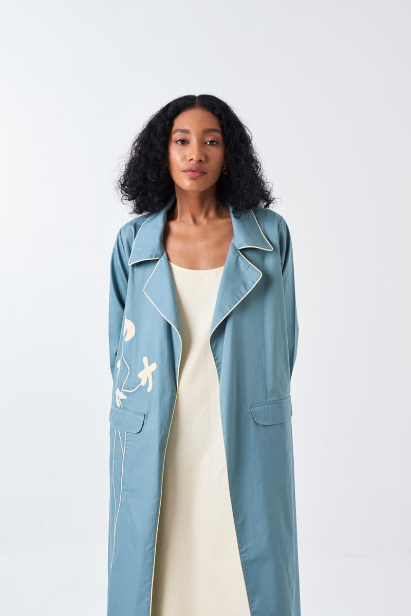 POPPY APPLIQUE JACKET CO-ORD-NIAGRA BLUE & BUTTER (SET OF 2) poplin by THREE for women Worldwide