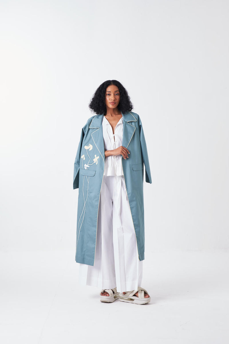 POPPY APPLIQUE JACKET CO-ORD: NIAGRA BLUE & BUTTER (SET OF 3) poplin by THREE for women Worldwide