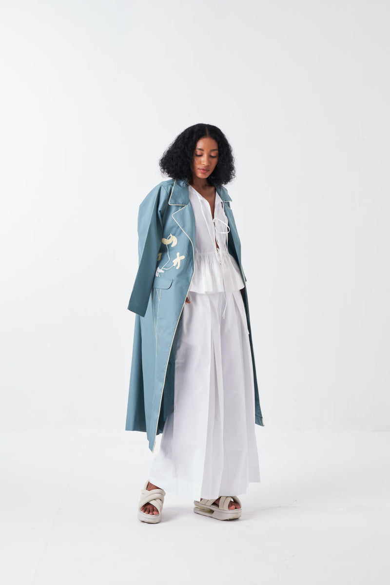 POPPY APPLIQUE JACKET CO-ORD: NIAGRA BLUE & BUTTER (SET OF 3) poplin by THREE for women Worldwide