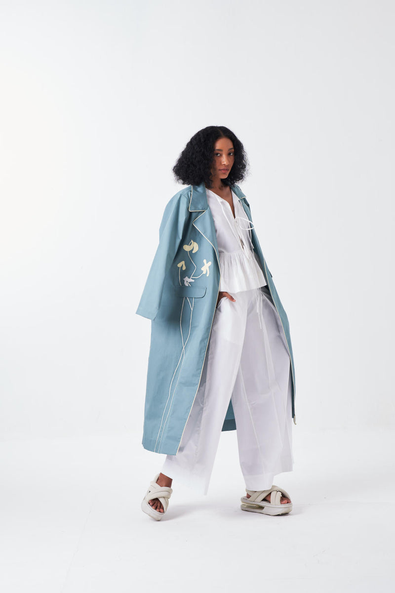 POPPY APPLIQUE JACKET CO-ORD: NIAGRA BLUE & BUTTER (SET OF 3) poplin by THREE for women Worldwide