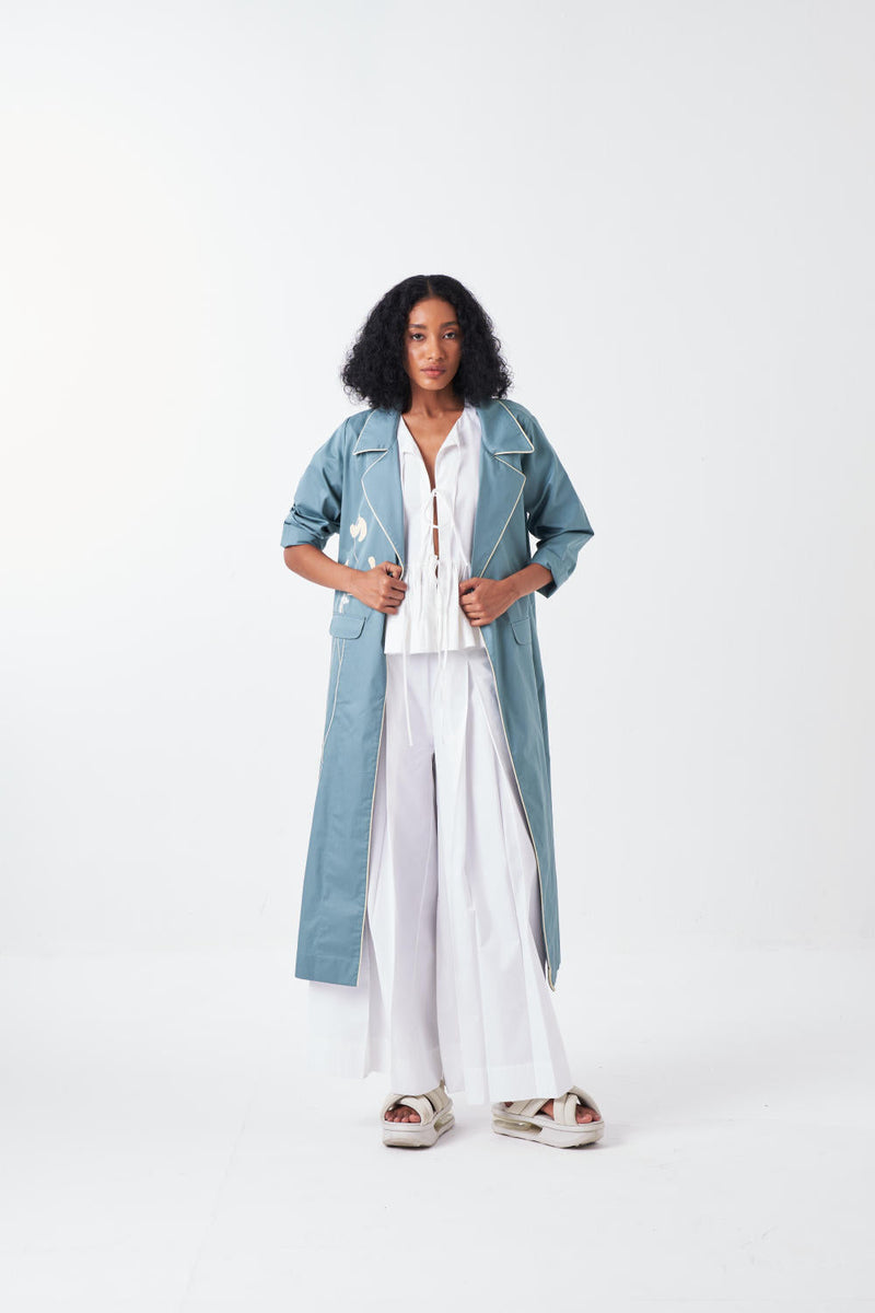 POPPY APPLIQUE JACKET CO-ORD: NIAGRA BLUE & BUTTER (SET OF 3) poplin by THREE for women Worldwide