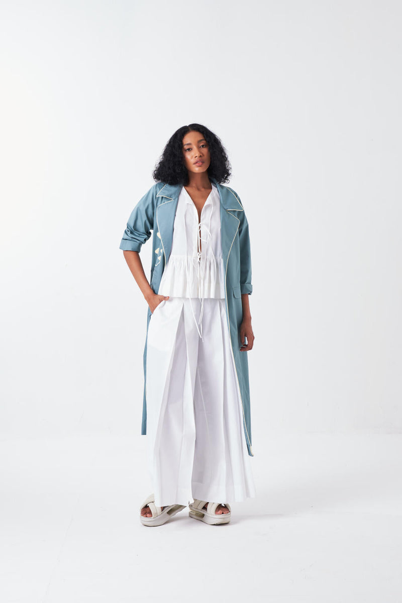 POPPY APPLIQUE JACKET CO-ORD: NIAGRA BLUE & BUTTER (SET OF 3) poplin by THREE for women Worldwide