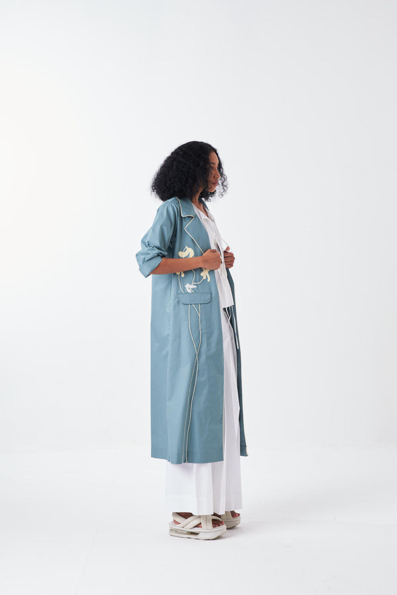 POPPY APPLIQUE JACKET CO-ORD: NIAGRA BLUE & BUTTER (SET OF 3) poplin by THREE for women Worldwide
