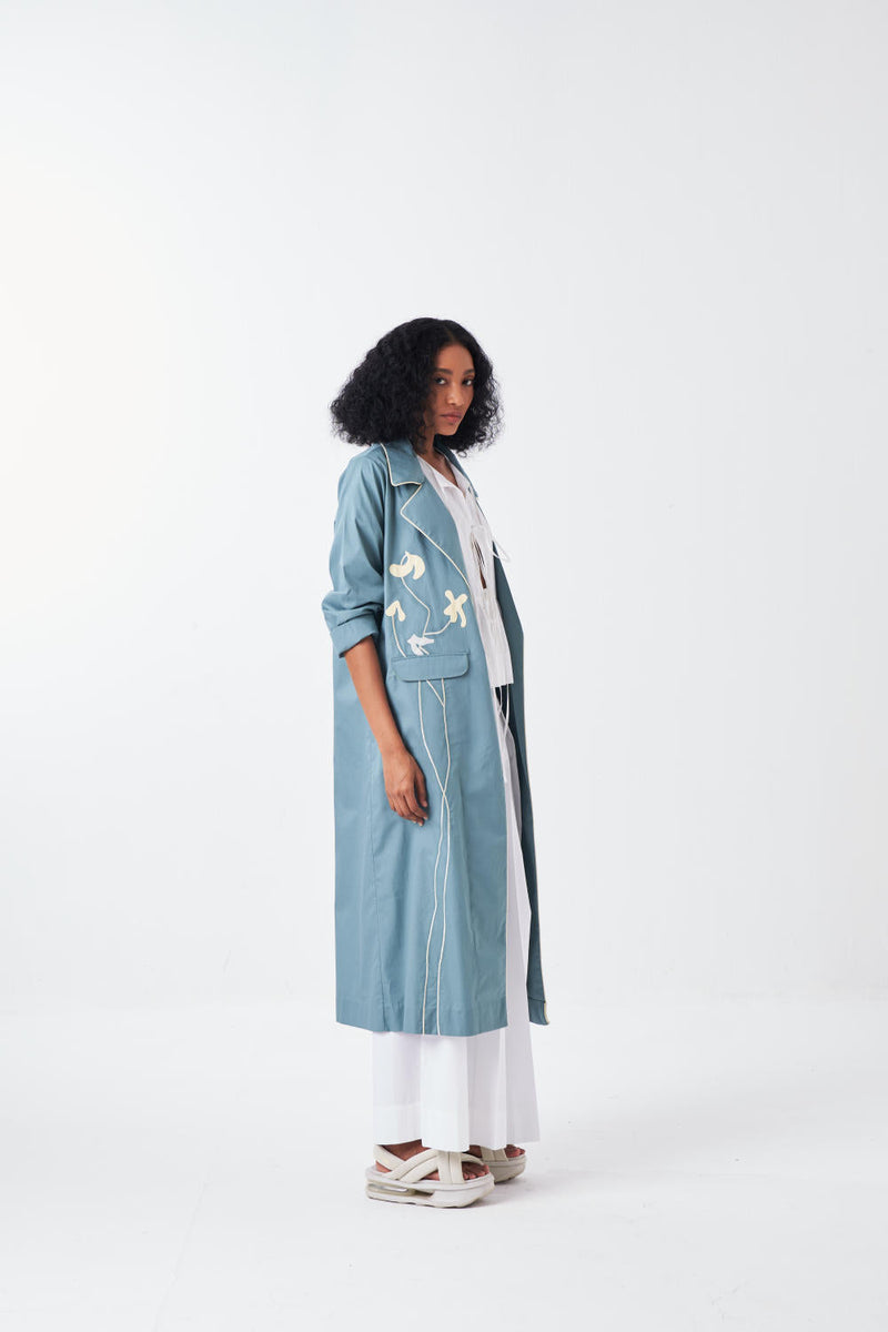 POPPY APPLIQUE JACKET CO-ORD: NIAGRA BLUE & BUTTER (SET OF 3) poplin by THREE for women Worldwide