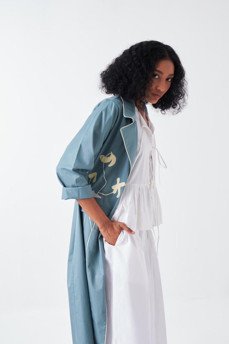 POPPY APPLIQUE JACKET CO-ORD: NIAGRA BLUE & BUTTER (SET OF 3) poplin by THREE for women Worldwide