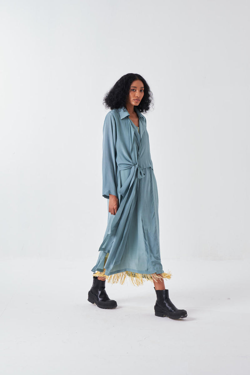 TIE JACKET CO-ORD-NIAGRA BLUE & BUTTER (SET OF 2) cotton by THREE for women Worldwide