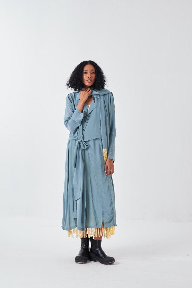 TIE JACKET CO-ORD-NIAGRA BLUE & BUTTER (SET OF 3) cotton by THREE for women Worldwide