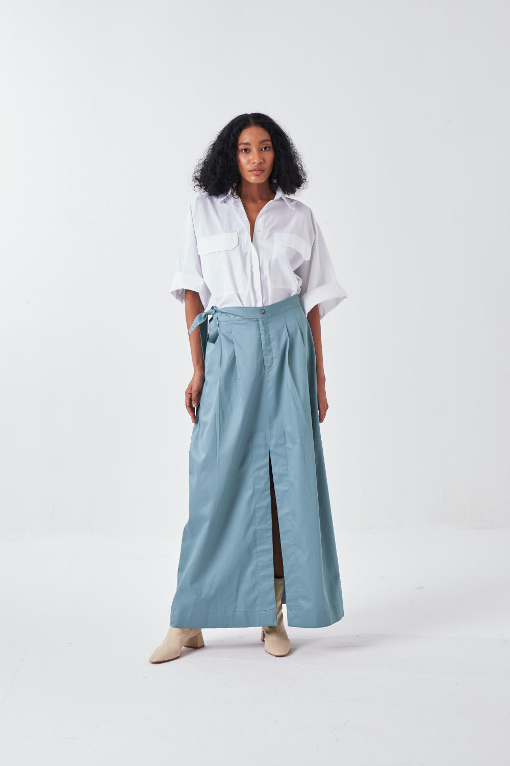 FRONT SLIT SKIRT-NIAGRA BLUE