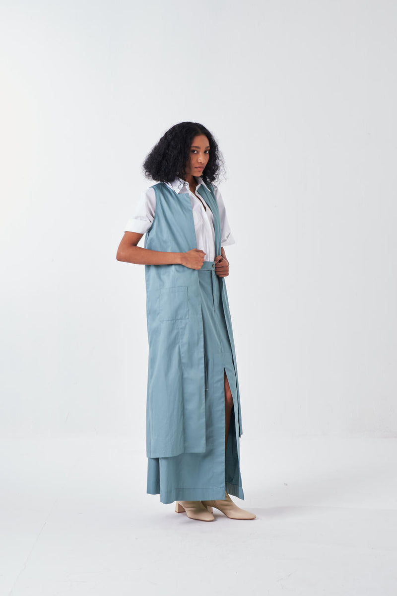 SLEEVELESS BACK PLEAT JACKET-NIAGRA BLUE by THREE for women Worldwide