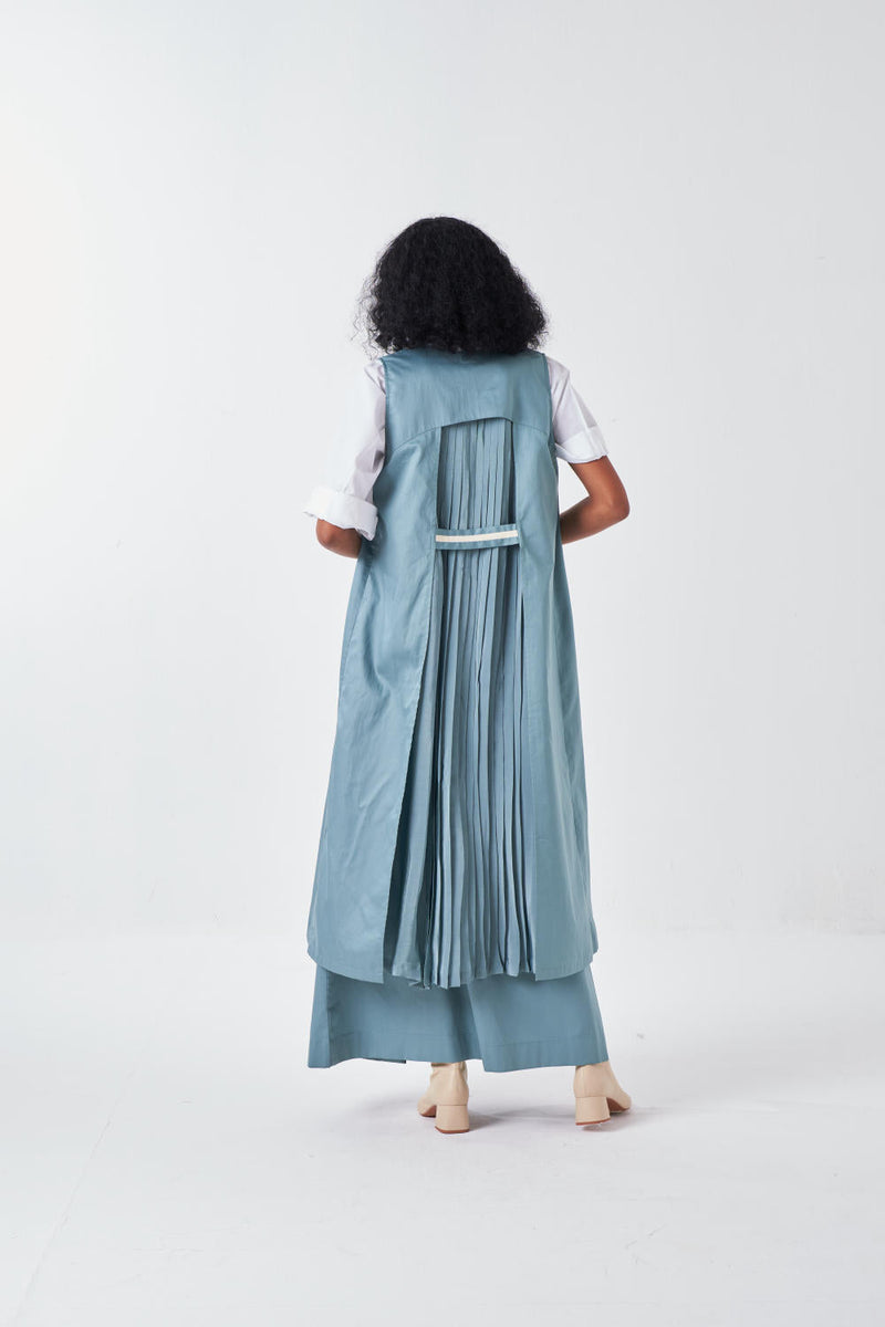 SLEEVELESS BACK PLEAT JACKET-NIAGRA BLUE by THREE for women Worldwide
