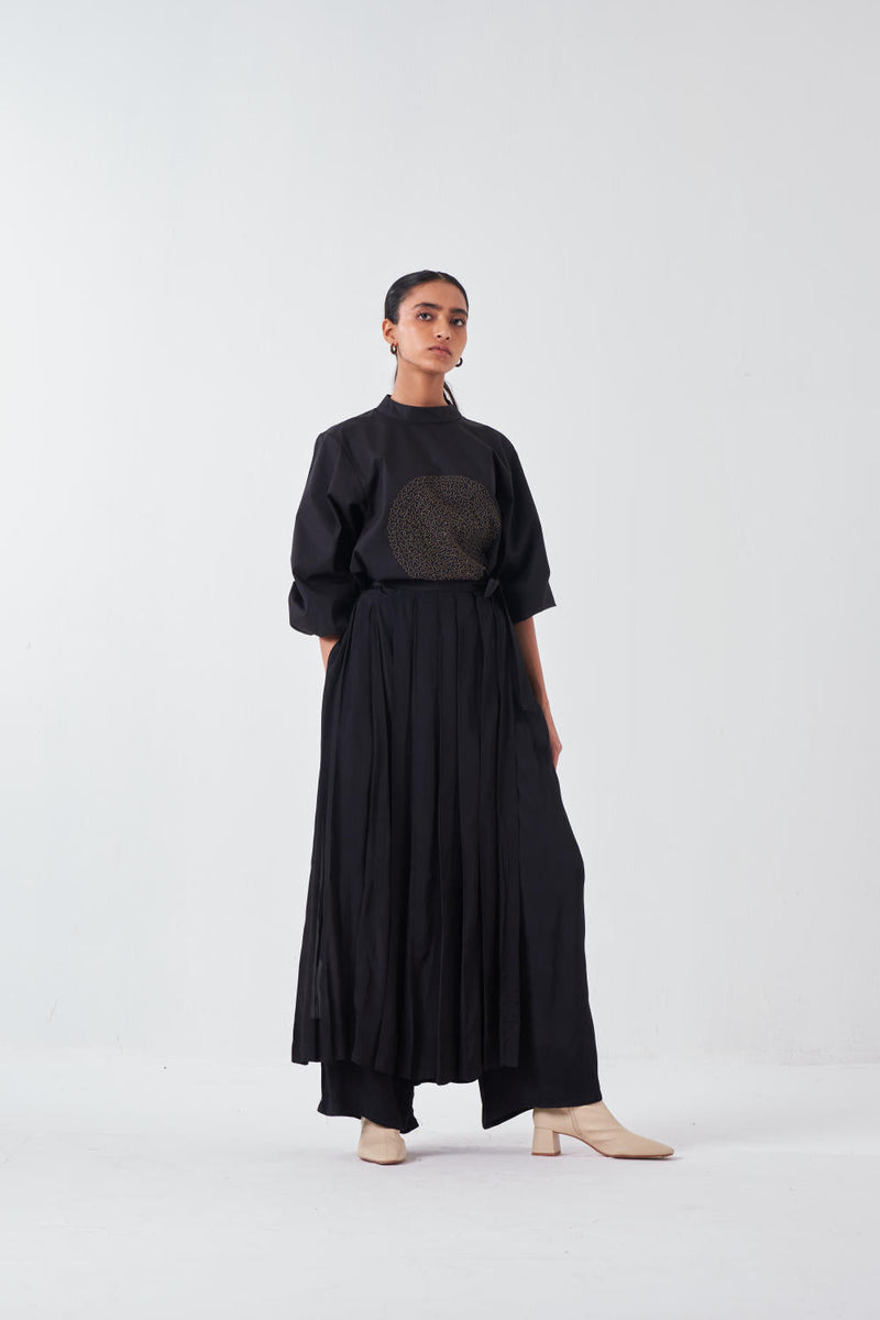 EMB. CIRCLE TOP-BLACK chanderi by THREE for women Worldwide