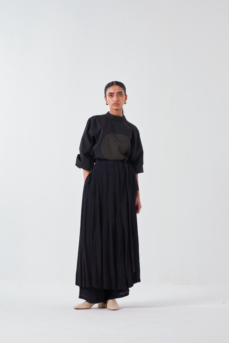 EMB. CIRCLE TOP-BLACK chanderi by THREE for women Worldwide