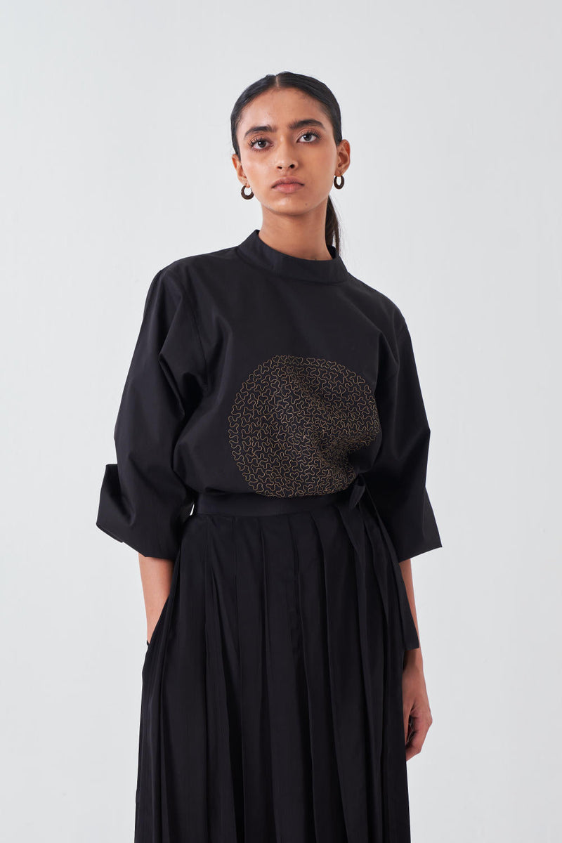 EMB. CIRCLE TOP-BLACK chanderi by THREE for women Worldwide