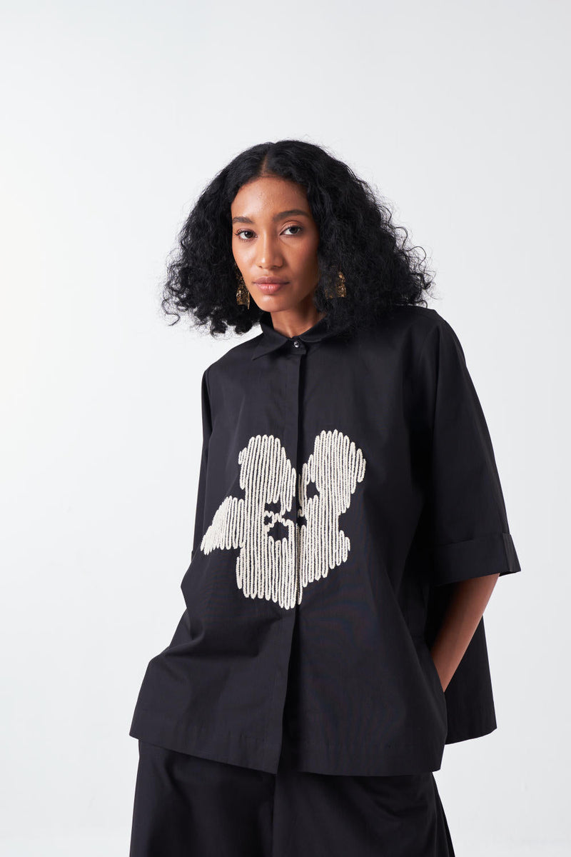 EMB. FLORAL SHIRT-BLACK poplin by THREE for women Worldwide