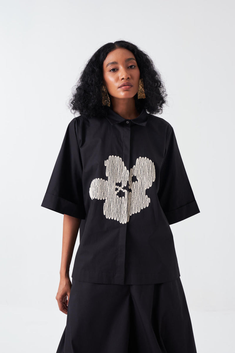 EMB. FLORAL SHIRT-BLACK poplin by THREE for women Worldwide