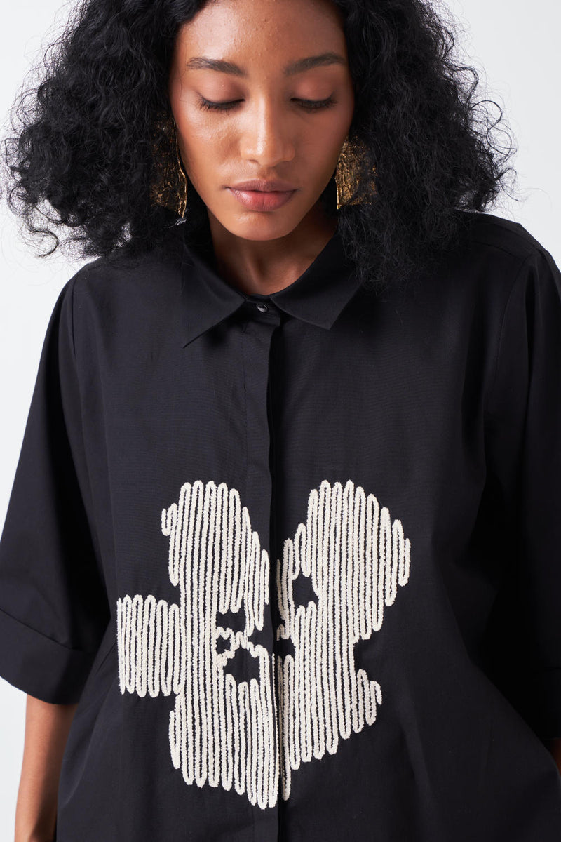 EMB. FLORAL SHIRT-BLACK poplin by THREE for women Worldwide