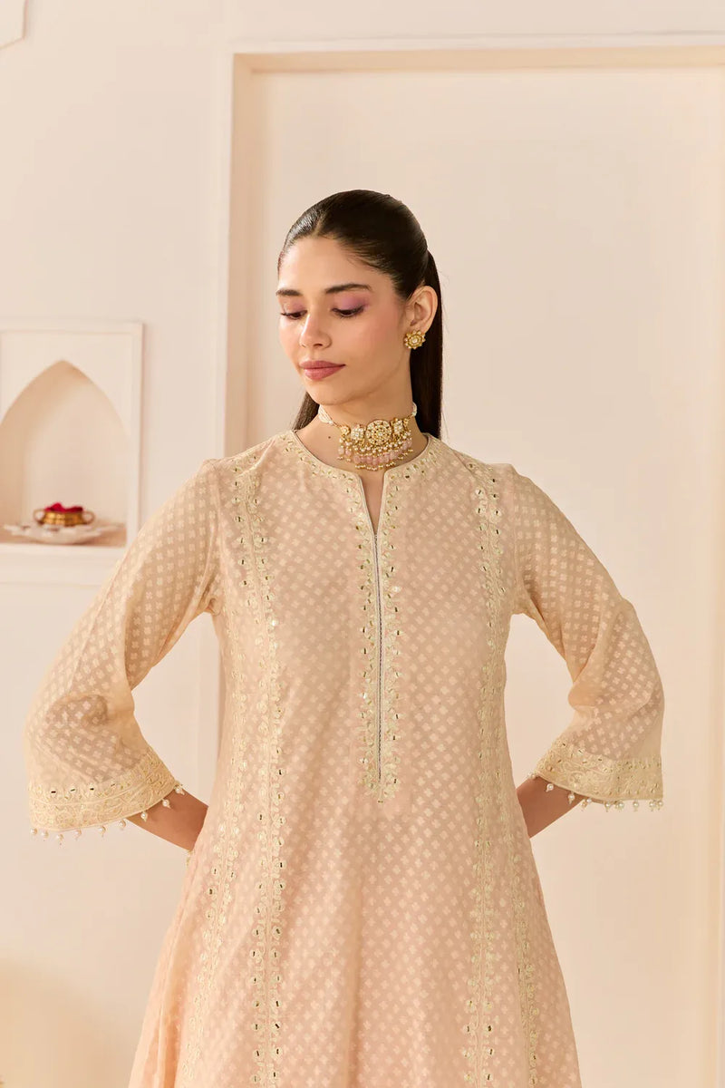 FIRDAUS - CARNATION PINK LONG KALIDAAR CHAUGA WITH DOGRI SALWAR AND DUPATTA chanderi silk kurta/kurta set by SHEETAL BATRA in daisy ivory with carnation pink for women Worldwide