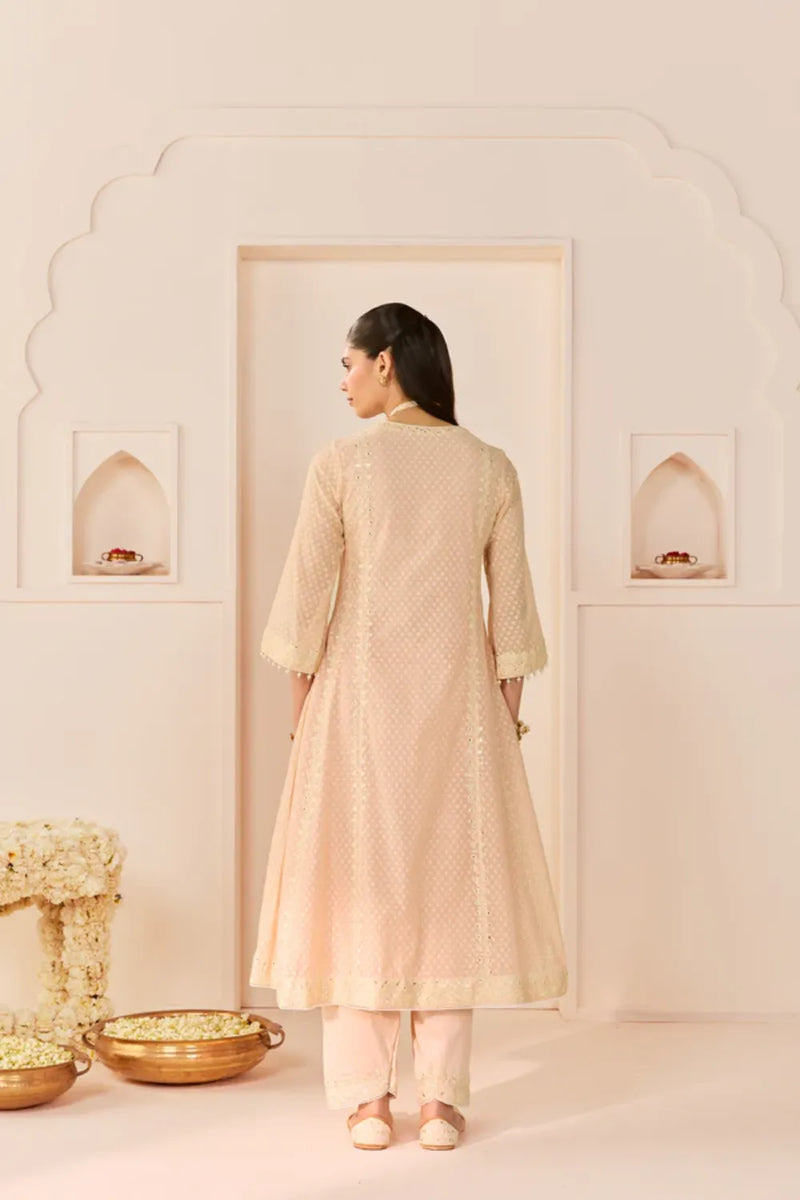 FIRDAUS - CARNATION PINK LONG KALIDAAR CHAUGA WITH DOGRI SALWAR AND DUPATTA chanderi silk kurta/kurta set by SHEETAL BATRA in daisy ivory with carnation pink for women Worldwide