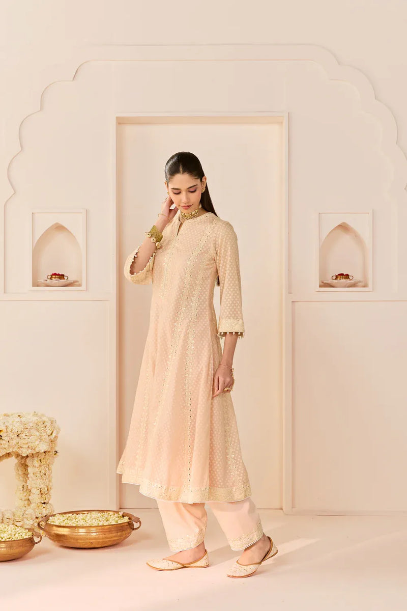 FIRDAUS - CARNATION PINK LONG KALIDAAR CHAUGA WITH DOGRI SALWAR AND DUPATTA chanderi silk kurta/kurta set by SHEETAL BATRA in daisy ivory with carnation pink for women Worldwide
