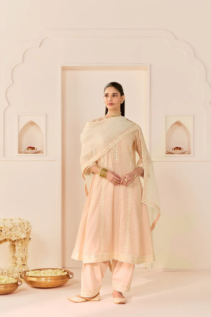 FIRDAUS - CARNATION PINK LONG KALIDAAR CHAUGA WITH DOGRI SALWAR AND DUPATTA chanderi silk kurta/kurta set by SHEETAL BATRA in daisy ivory with carnation pink for women Worldwide