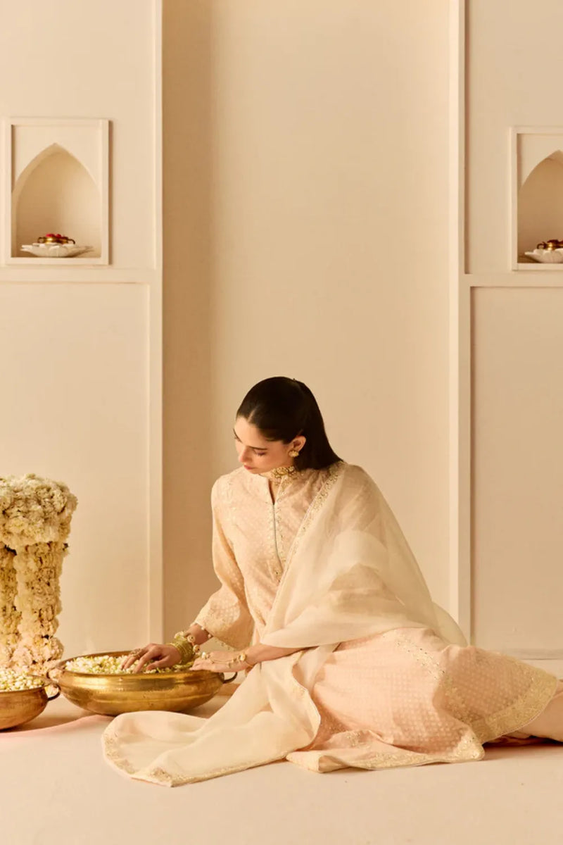 FIRDAUS - CARNATION PINK LONG KALIDAAR CHAUGA WITH DOGRI SALWAR AND DUPATTA chanderi silk kurta/kurta set by SHEETAL BATRA in daisy ivory with carnation pink for women Worldwide