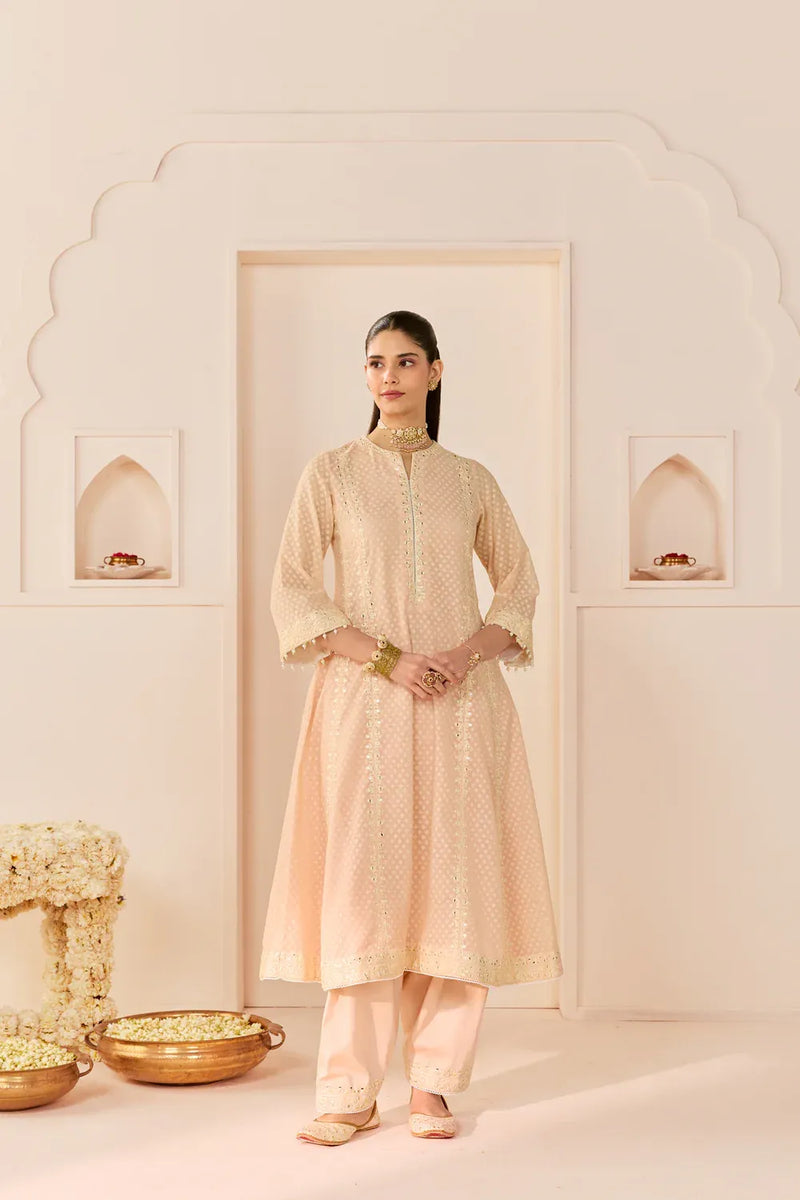 FIRDAUS - CARNATION PINK LONG KALIDAAR CHAUGA WITH DOGRI SALWAR AND DUPATTA chanderi silk kurta/kurta set by SHEETAL BATRA in daisy ivory with carnation pink for women Worldwide