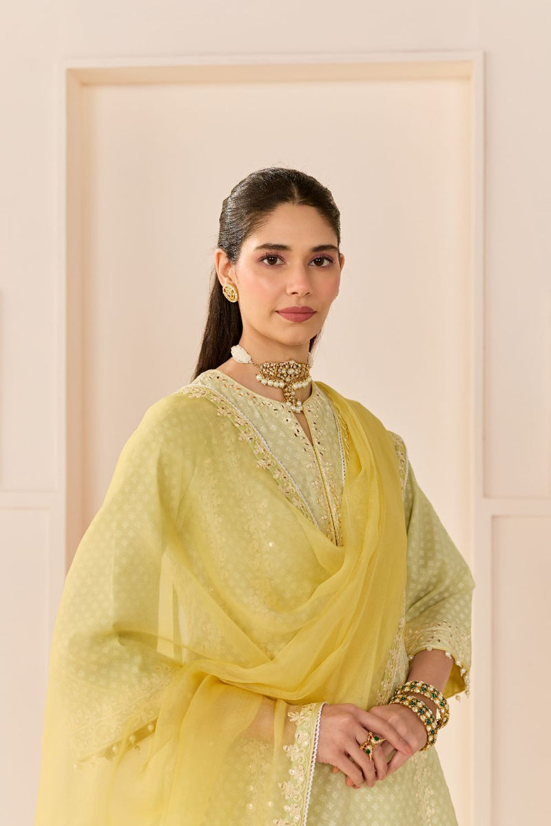 FIRDAUS - MINT GREEN LONG KALIDAAR CHAUGA WITH DOGRI SALWAR AND DUPATTA chanderi silk kurta/kurta set by SHEETAL BATRA in mint green with lemon yellow for women Worldwide
