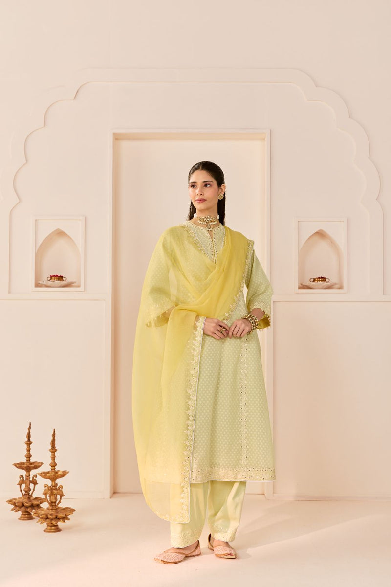 FIRDAUS - MINT GREEN LONG KALIDAAR CHAUGA WITH DOGRI SALWAR AND DUPATTA chanderi silk kurta/kurta set by SHEETAL BATRA in mint green with lemon yellow for women Worldwide