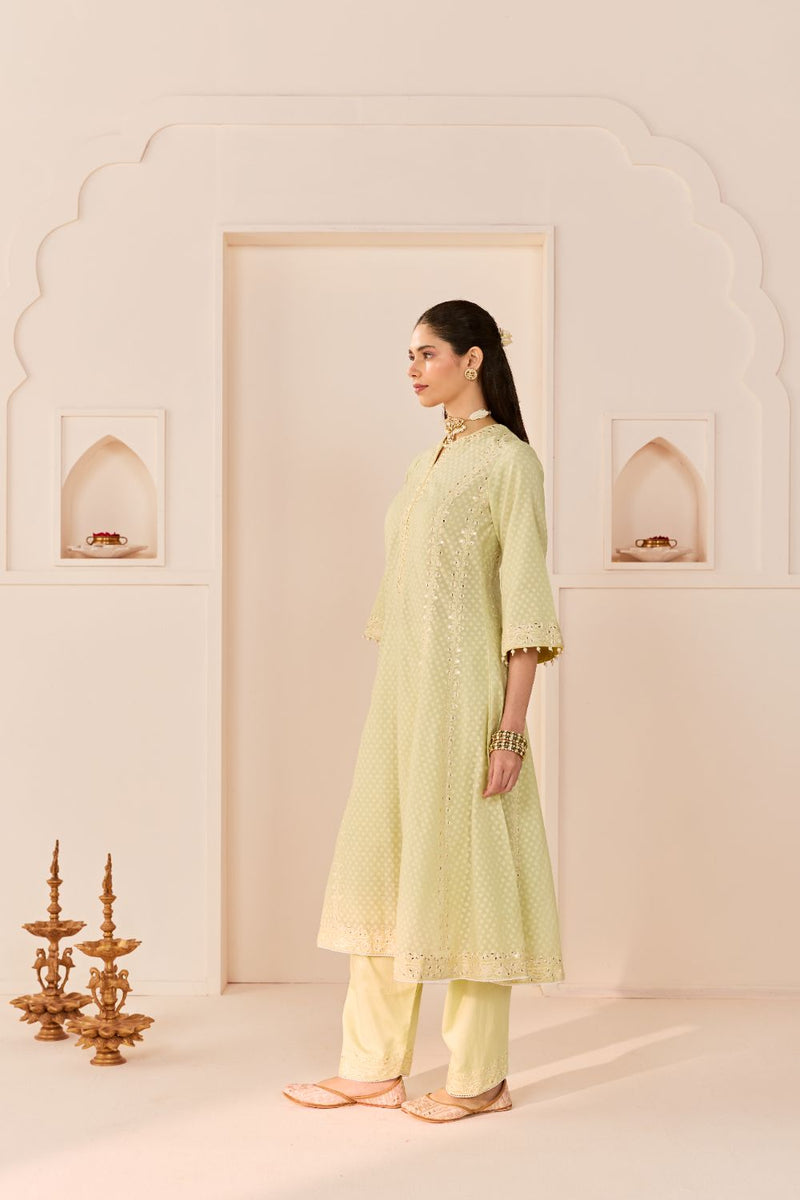 FIRDAUS - MINT GREEN LONG KALIDAAR CHAUGA WITH DOGRI SALWAR AND DUPATTA chanderi silk kurta/kurta set by SHEETAL BATRA in mint green with lemon yellow for women Worldwide