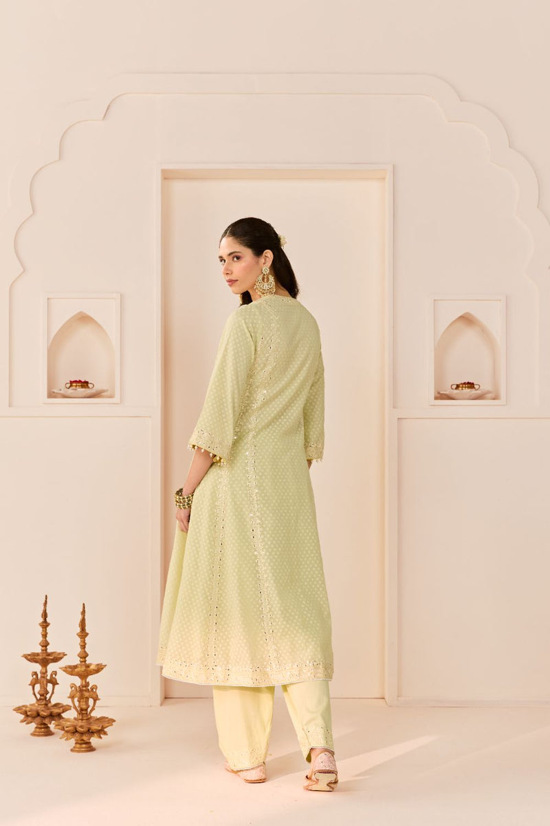 FIRDAUS - MINT GREEN LONG KALIDAAR CHAUGA WITH DOGRI SALWAR AND DUPATTA chanderi silk kurta/kurta set by SHEETAL BATRA in mint green with lemon yellow for women Worldwide