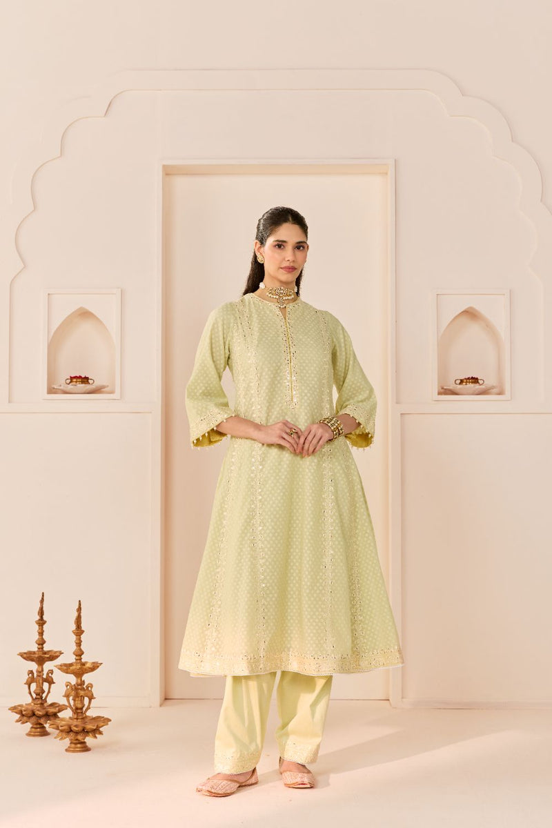 FIRDAUS - MINT GREEN LONG KALIDAAR CHAUGA WITH DOGRI SALWAR AND DUPATTA chanderi silk kurta/kurta set by SHEETAL BATRA in mint green with lemon yellow for women Worldwide