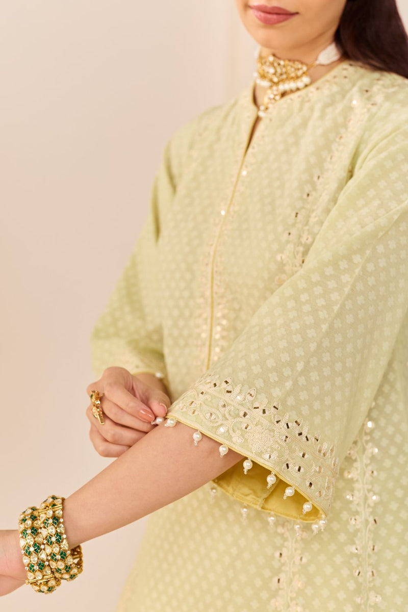 FIRDAUS - MINT GREEN LONG KALIDAAR CHAUGA WITH DOGRI SALWAR AND DUPATTA chanderi silk kurta/kurta set by SHEETAL BATRA in mint green with lemon yellow for women Worldwide
