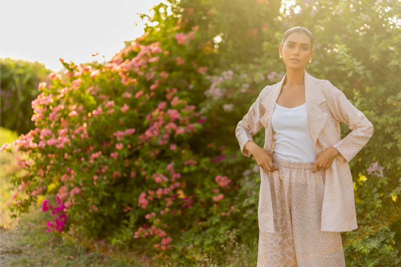 FLORA BLAZER-BEIGE silk by Dyelogue in beige color for women Worldwide