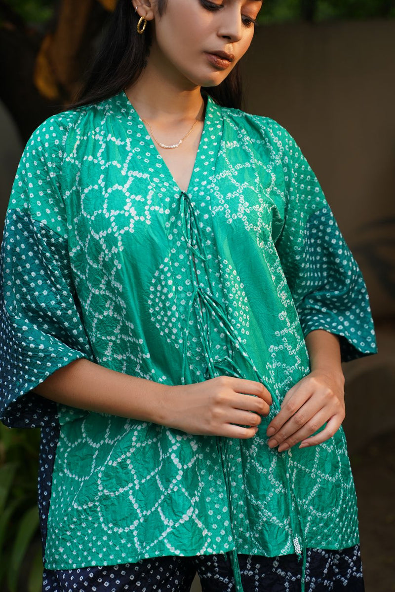 FLORA STRING SHIRT-EMERALD INDIGO SHADED silk by Dyelogue in multi color for women Worldwide