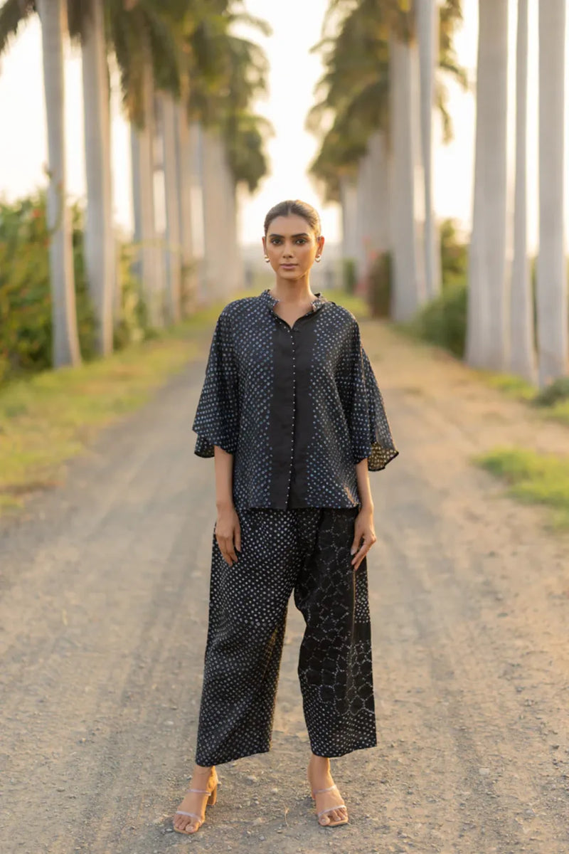 FLORA SHORT M KAF SHIRT-BLACK silk by Dyelogue in black color for women Worldwide