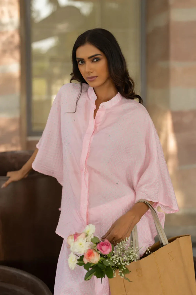 FLORA SHORT M KAF SHIRT-BLUSH PINK silk by Dyelogue in pink color for women Worldwide