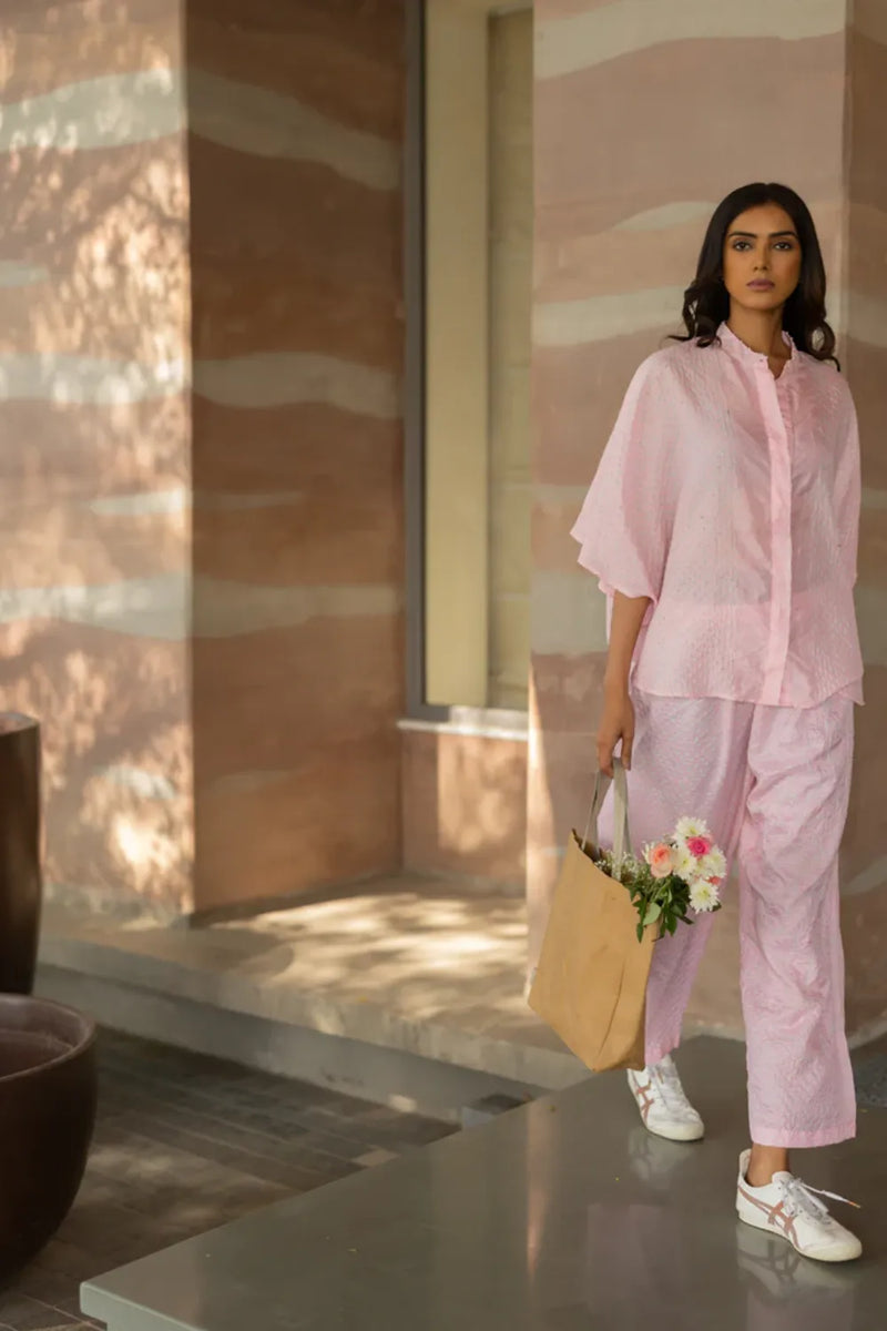 FLORA SHORT M KAF SHIRT-BLUSH PINK silk by Dyelogue in pink color for women Worldwide