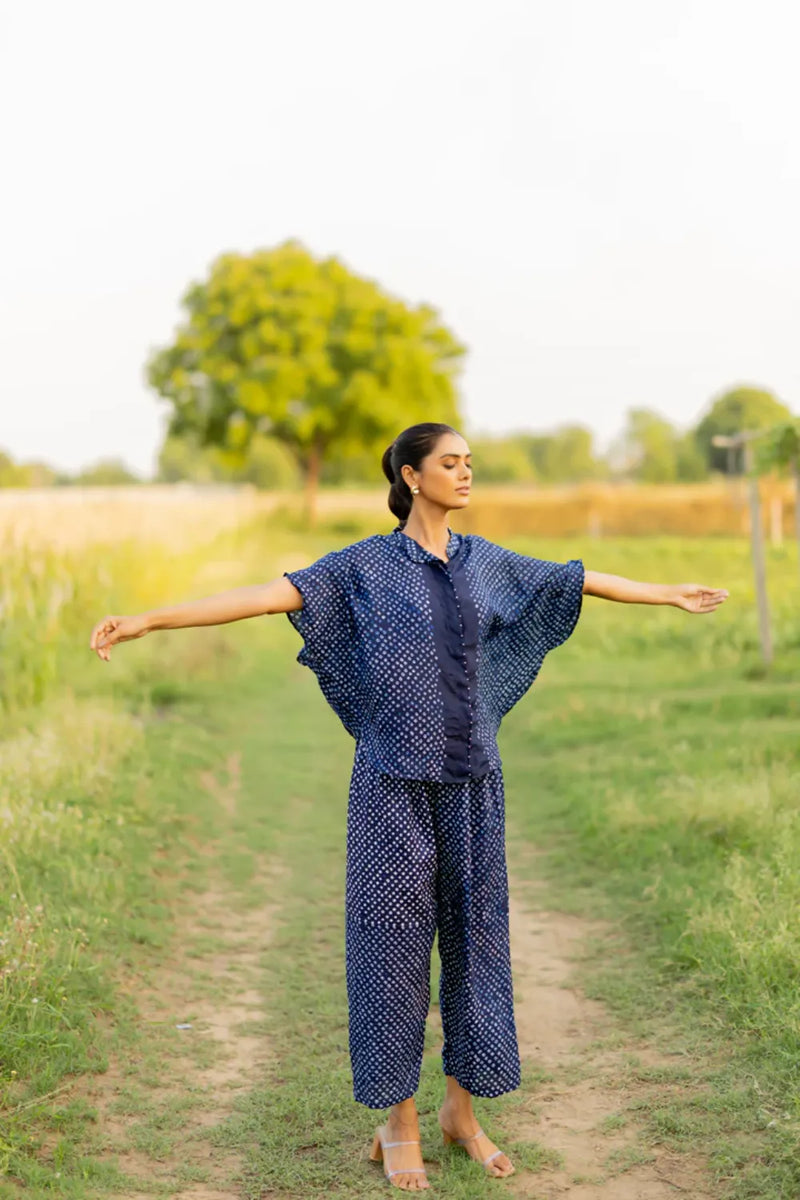 FLORA SHORT M KAF SHIRT-INDIGO silk by Dyelogue for women Worldwide