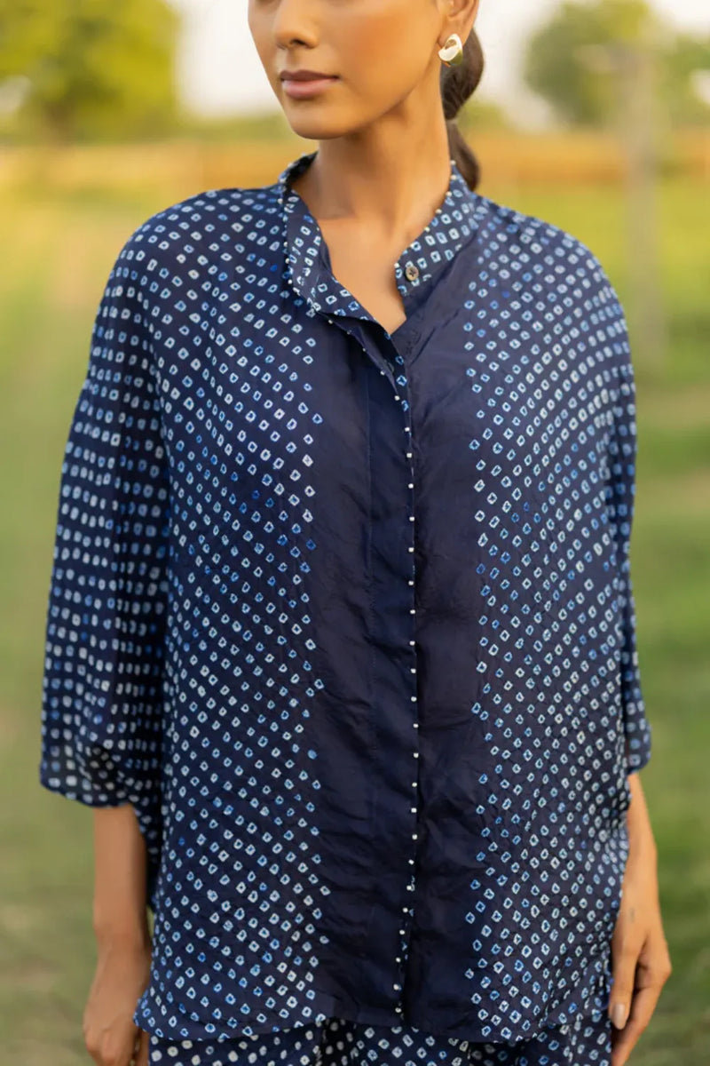 FLORA SHORT M KAF SHIRT-INDIGO silk by Dyelogue for women Worldwide