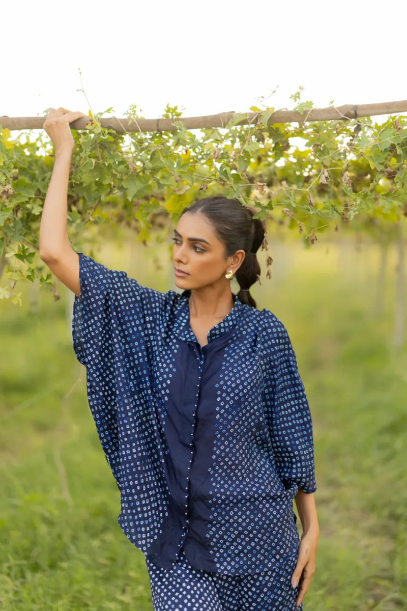 FLORA SHORT M KAF SHIRT-INDIGO silk by Dyelogue for women Worldwide