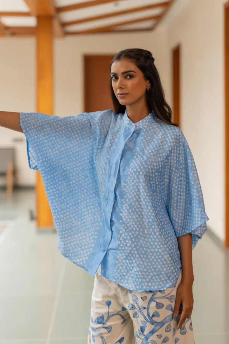 FLORA SHORT M KAF SHIRT-POWDER BLUE silk by Dyelogue in blue color for women Worldwide