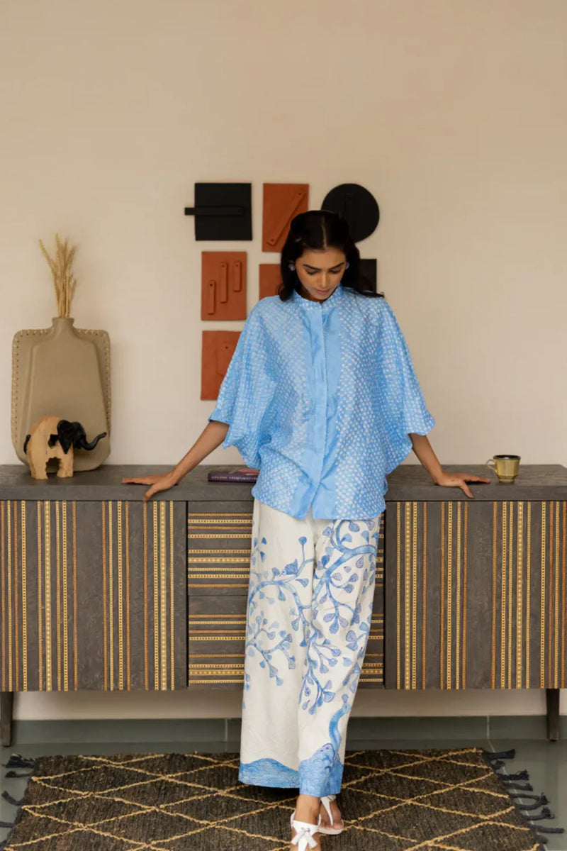 FLORA SHORT M KAF SHIRT-POWDER BLUE silk by Dyelogue in blue color for women Worldwide
