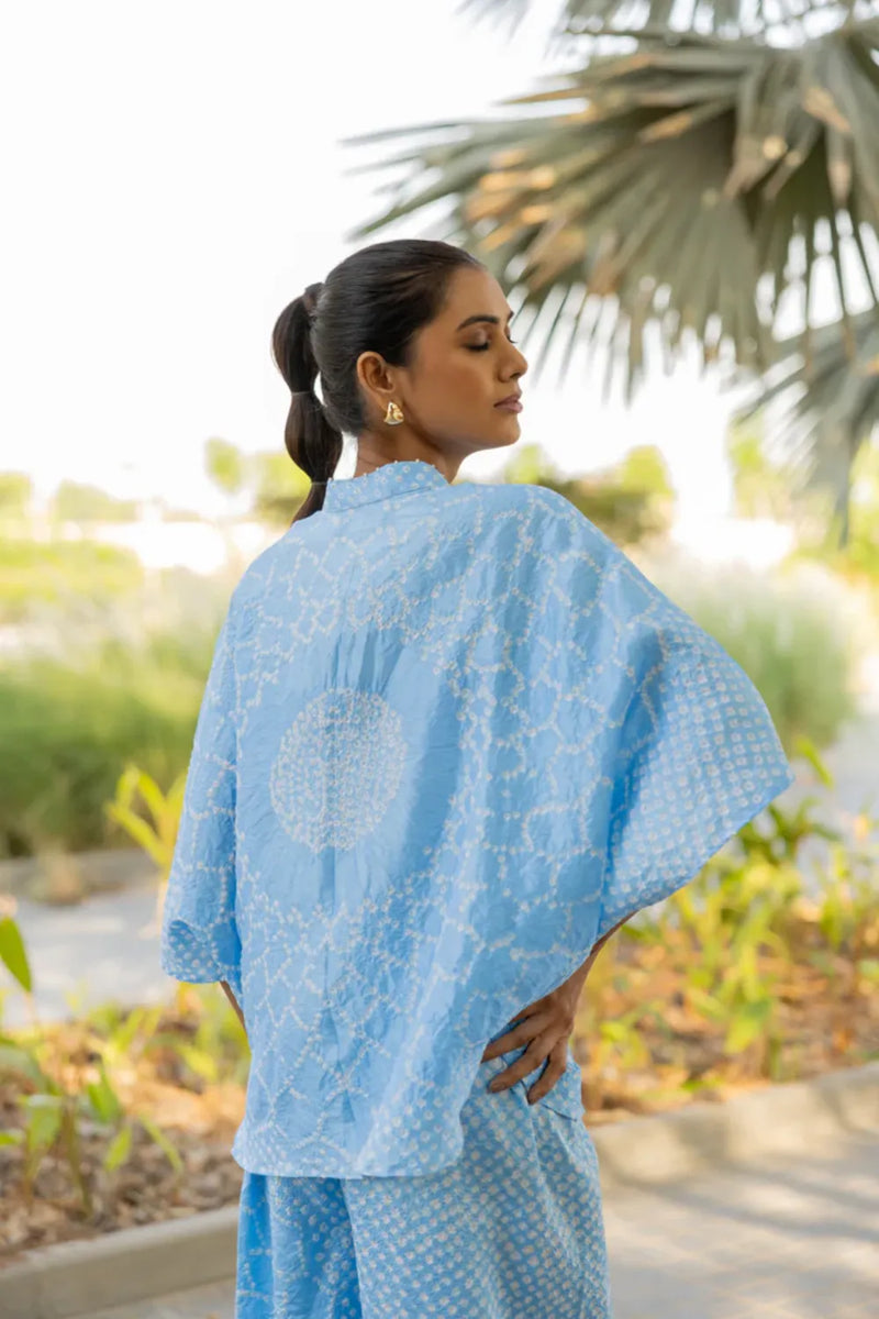 FLORA SHORT M KAF SHIRT-POWDER BLUE silk by Dyelogue in blue color for women Worldwide