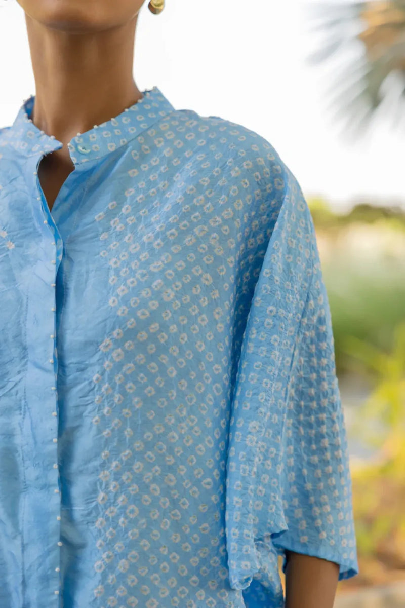 FLORA SHORT M KAF SHIRT-POWDER BLUE silk by Dyelogue in blue color for women Worldwide